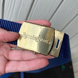 Vintage 90s Remington Brass Buckle Nylon Belt Navy Blue Adjustable 46" Max
